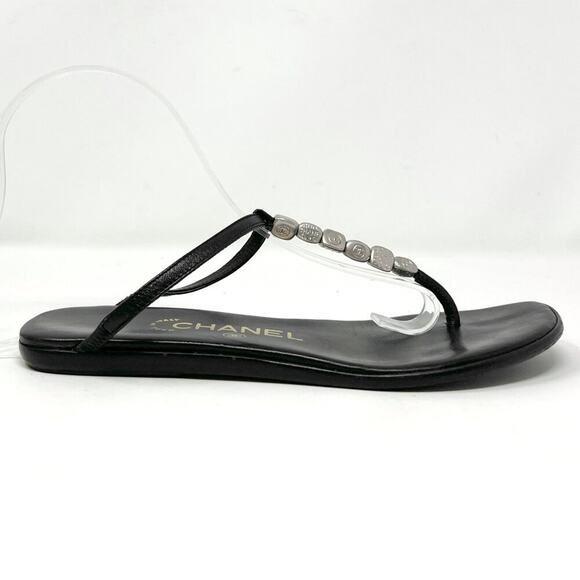 Chanel CC Charm Thong Sandals Black Leather Flats Y2K EU 36.5 / US 6.5 - Picture 4 of 9